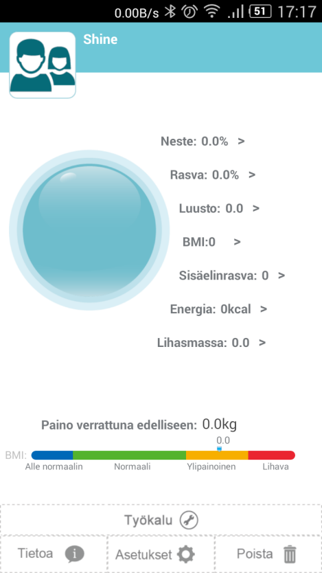 a. Käyttäjän tiedot ilmestyvät näytölle. b. Napauta kuvaa vaihtaaksesi käyttäjän kuvan. c. Aseta käyttäjän nimi, sukupuoli, valittu painoyksikkö, syntymäaika, pituus ja aktiivisuustaso.