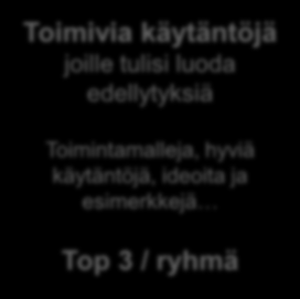 A3:et Top 3 / ryhmä 20 min 20 min Toimivia käytäntöjä joille tulisi luoda edellytyksiä