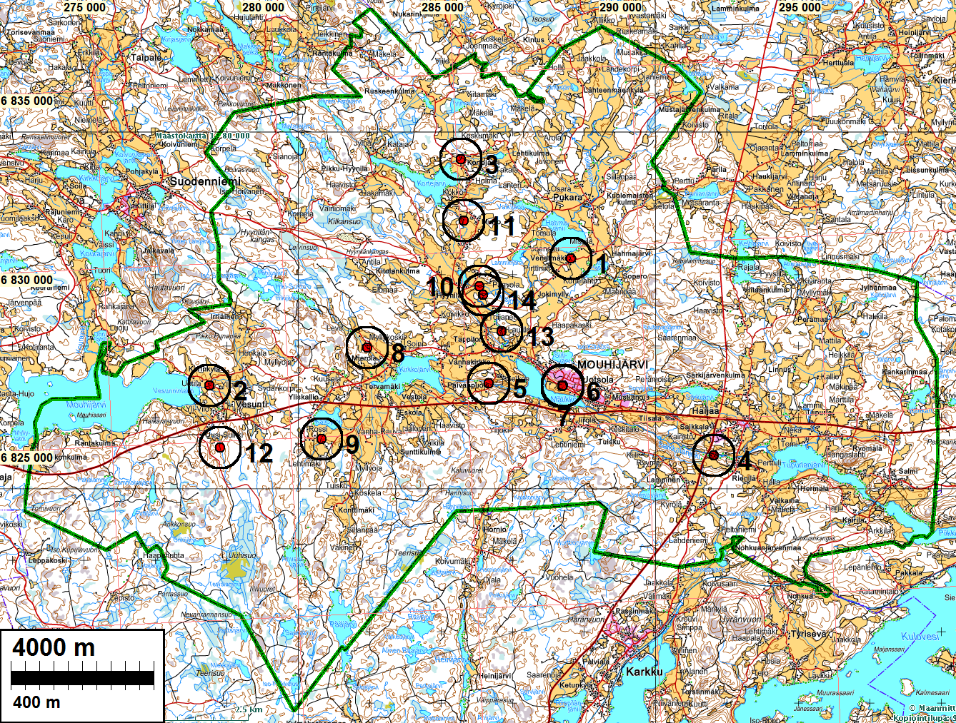 3 Yleiskartta Kohteet 1-11 ovat isojakokartoilta paikannetut myllynpaikat. Kohteet 3, 4, 5, ja 9 ovat muinaisjäännöksiä.