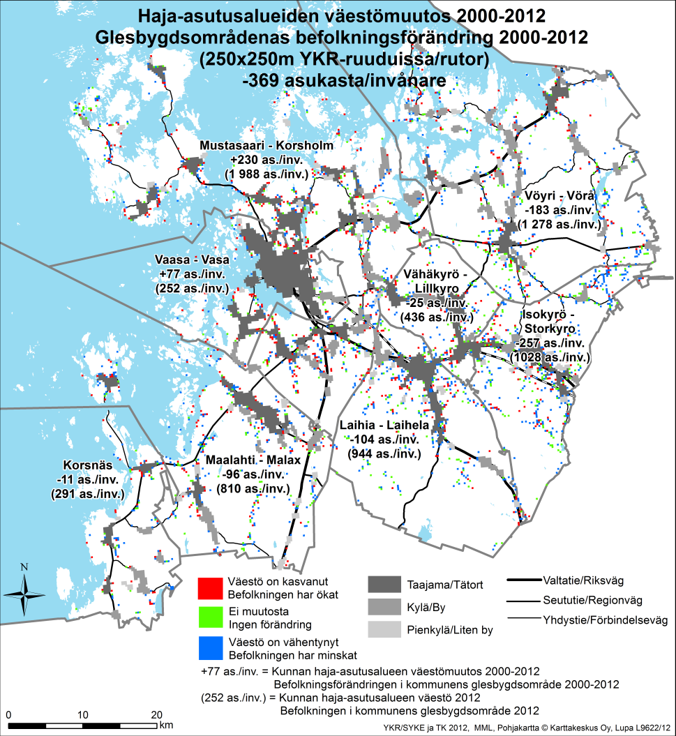 Kuva 3. Väestömuutos haja-asutusalueilla vuosina 2000 2012. 2.6 Maapolitiikan keinovalikoima Maankäyttöä suunnitellaan niiden kaavojen avulla, joista määrätään maankäyttö- ja rakennuslaissa (1999/132).