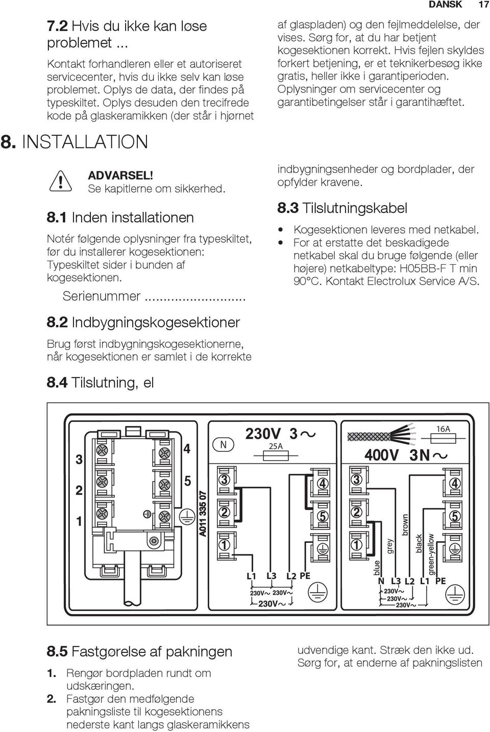 INSTALLATION ADVARSEL! Se kapitlerne om sikkerhed. 8.1 Inden installationen Notér følgende oplysninger fra typeskiltet, før du installerer kogesektionen: Typeskiltet sider i bunden af kogesektionen.