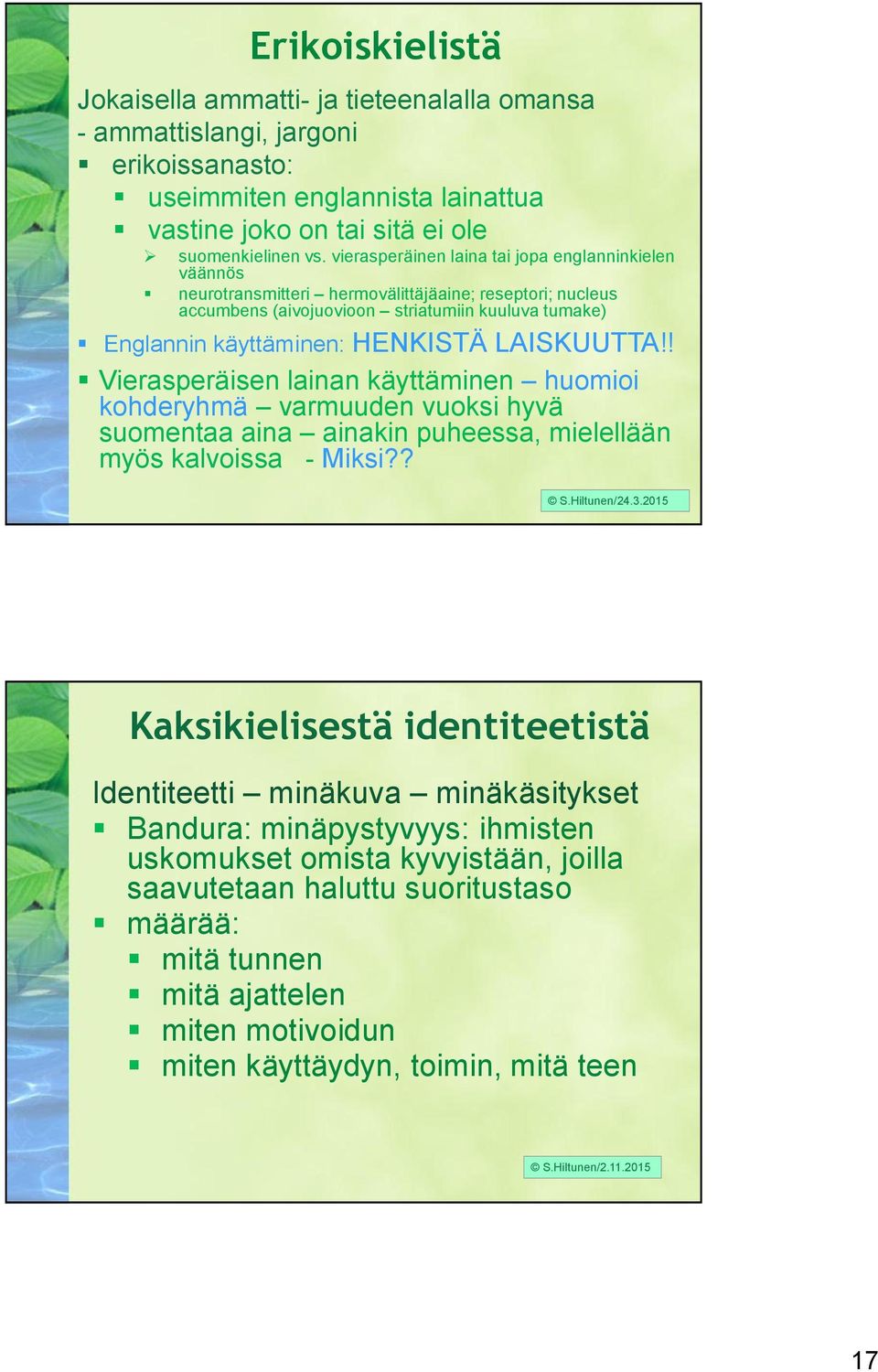 LAISKUUTTA!! Vierasperäisen lainan käyttäminen huomioi kohderyhmä varmuuden vuoksi hyvä suomentaa aina ainakin puheessa, mielellään myös kalvoissa - Miksi?? S.Hiltunen/24.3.