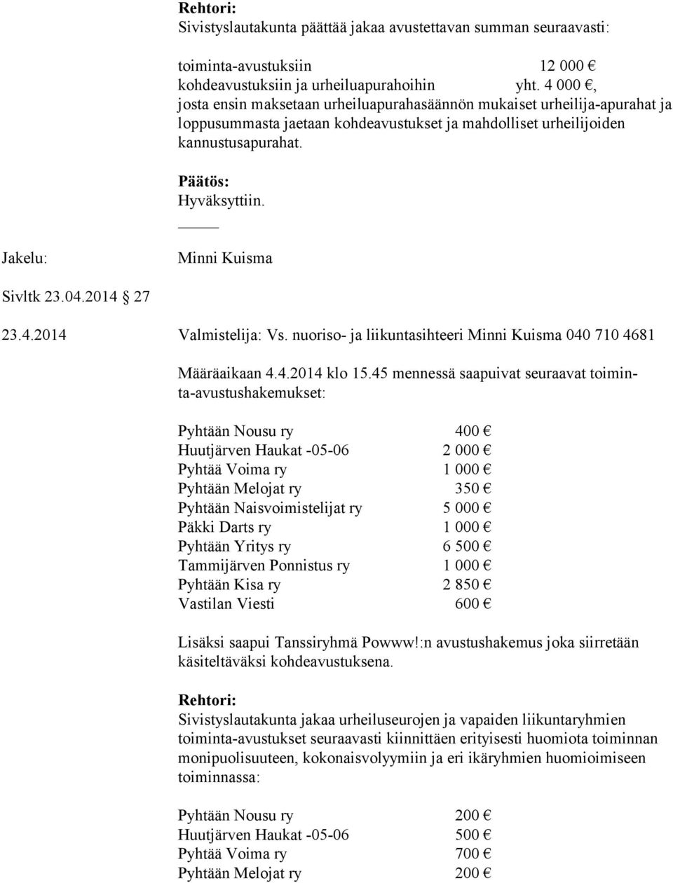 Jakelu: Minni Kuisma Sivltk 23.04.2014 27 23.4.2014 Valmistelija: Vs. nuoriso- ja liikuntasihteeri Minni Kuisma 040 710 4681 Määräaikaan 4.4.2014 klo 15.