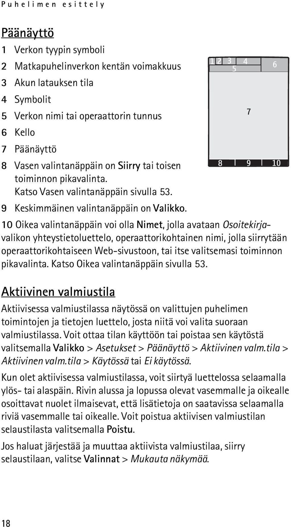 10 Oikea valintanäppäin voi olla Nimet, jolla avataan Osoitekirjavalikon yhteystietoluettelo, operaattorikohtainen nimi, jolla siirrytään operaattorikohtaiseen Web-sivustoon, tai itse valitsemasi