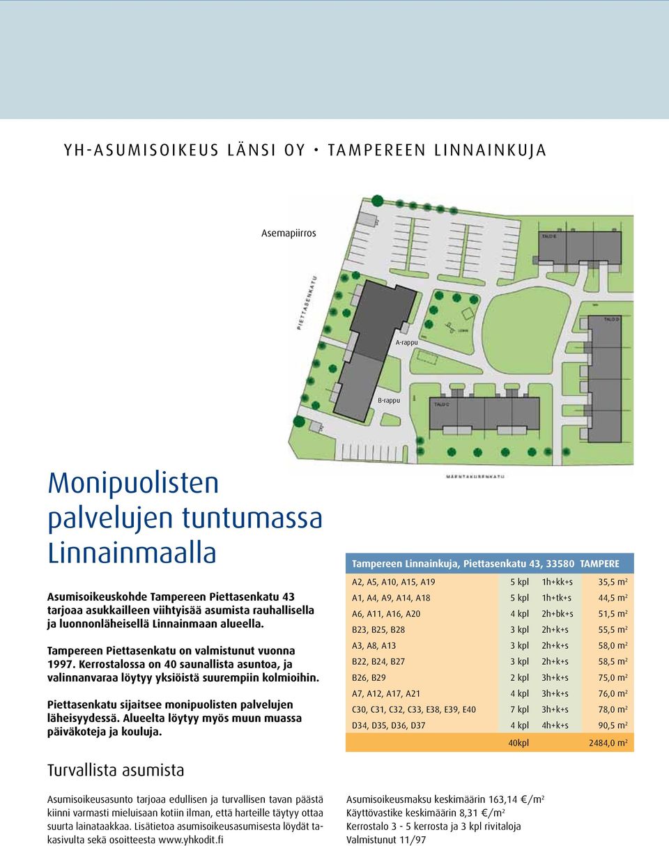 Kerrostalossa on 40 saunallista asuntoa, ja valinnanvaraa löytyy yksiöistä suurempiin kolmioihin. Piettasenkatu sijaitsee monipuolisten palvelujen läheisyydessä.