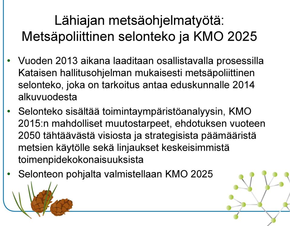 sisältää toimintaympäristöanalyysin, KMO 2015:n mahdolliset muutostarpeet, ehdotuksen vuoteen 2050 tähtäävästä visiosta ja