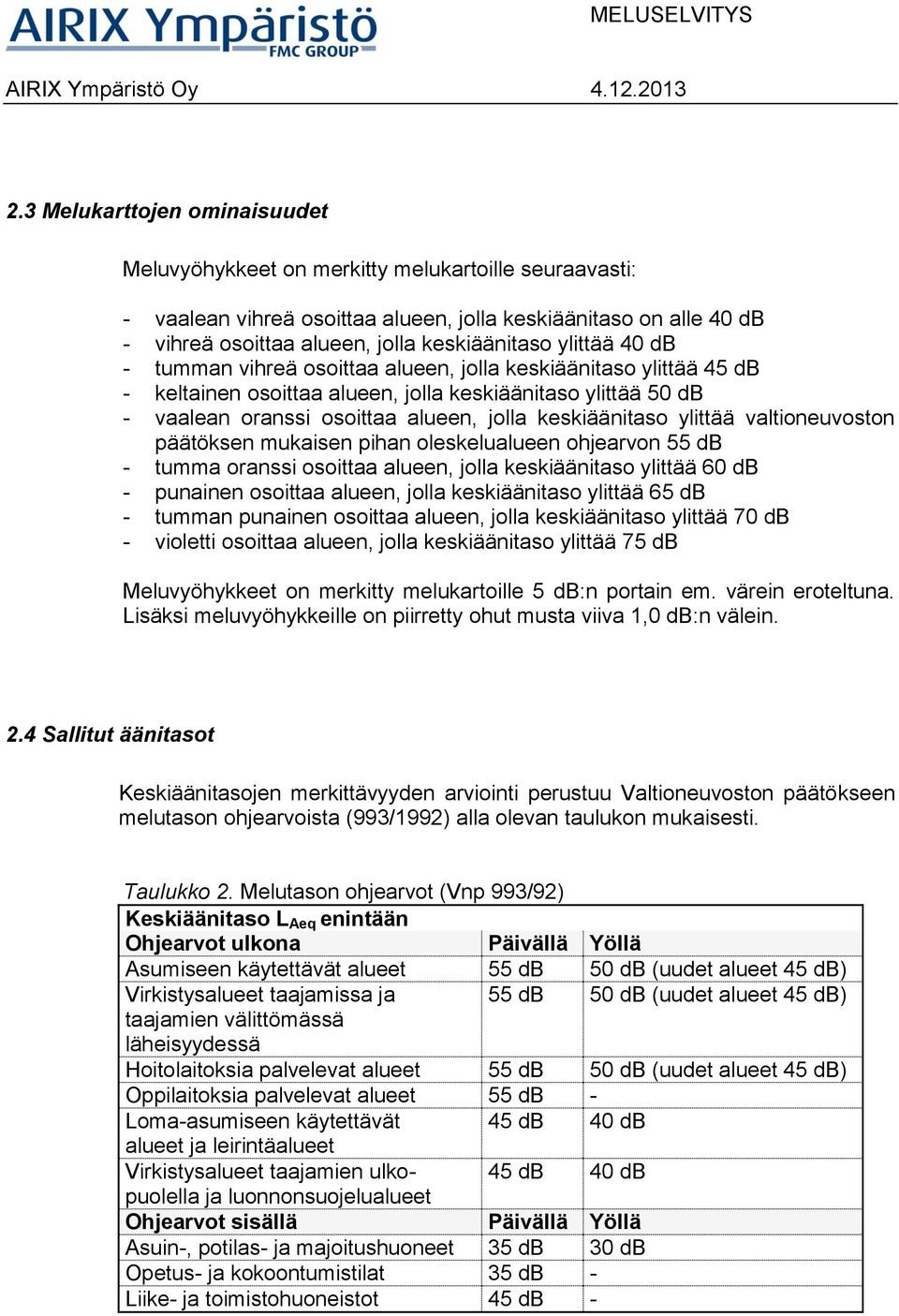 tumman vihreä osoittaa alueen, jolla keskiäänitaso ylittää 45 db - keltainen osoittaa alueen, jolla keskiäänitaso ylittää 50 db - vaalean oranssi osoittaa alueen, jolla keskiäänitaso ylittää