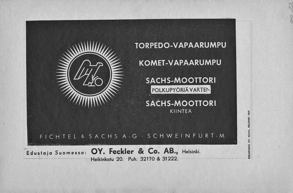 S A-G SCHWEINFURT-M < > o z >- o Edustaja Suomessa: OY.