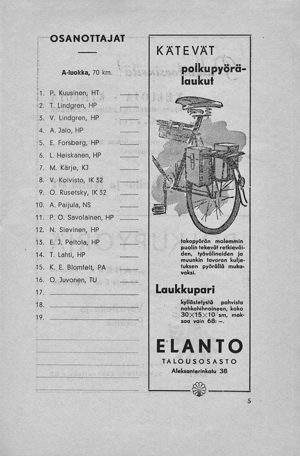 J. Peltola, HP takapyörän molemmin puolin tekevä! retkieväiden, työvälineiden ja 14. T. Lahti, HP muunkin tavaran kuljetuksen pyörällä muka- 15. K. E.