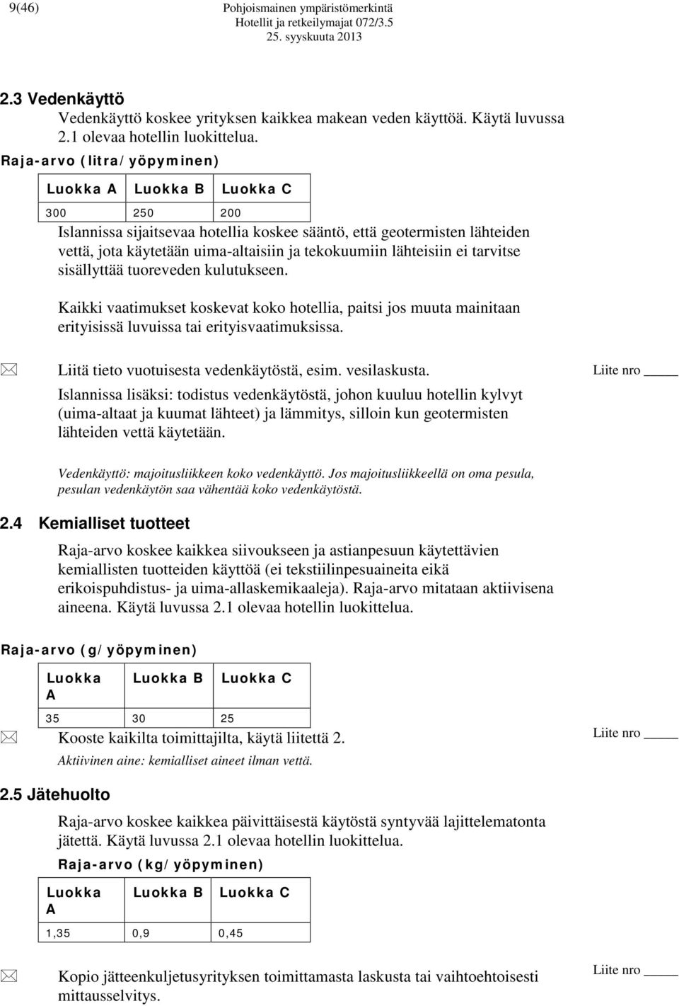 lähteisiin ei tarvitse sisällyttää tuoreveden kulutukseen. Kaikki vaatimukset koskevat koko hotellia, paitsi jos muuta mainitaan erityisissä luvuissa tai erityisvaatimuksissa.