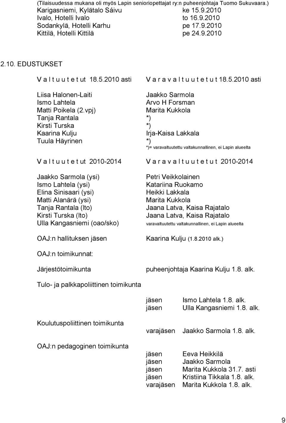 vpj) Marita Kukkola Tanja Rantala *) Kirsti Turska *) Kaarina Kulju Irja-Kaisa Lakkala Tuula Häyrinen *) *)= varavaltuutettu valtakunnallinen, ei Lapin alueelta V a l t u u t e t ut 2010-2014 V a r a