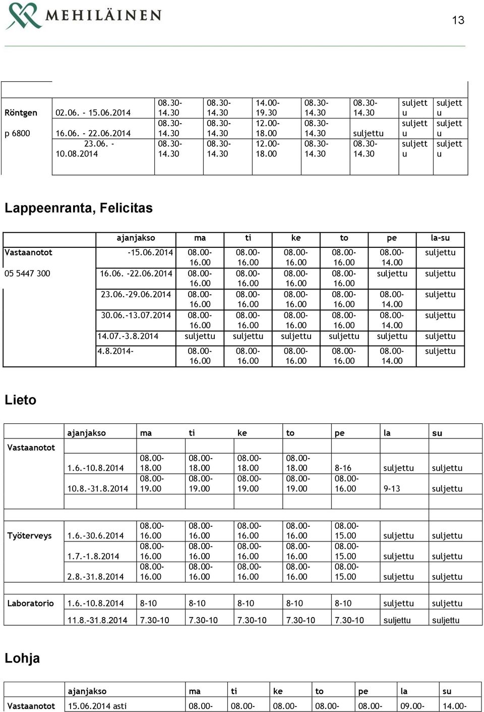 2014 14.00 14.07.3.8.2014 4.8.2014 14.00 Lieto Vastaanotot ajanjakso ma ti ke to pe la s 1.6.10.8.2014 10.8.31.8.2014 816 913 Työterveys 1.