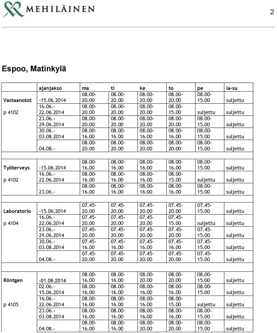 2014 04.08. Työterveys p 4102 Laboratorio p 4104 29.06.