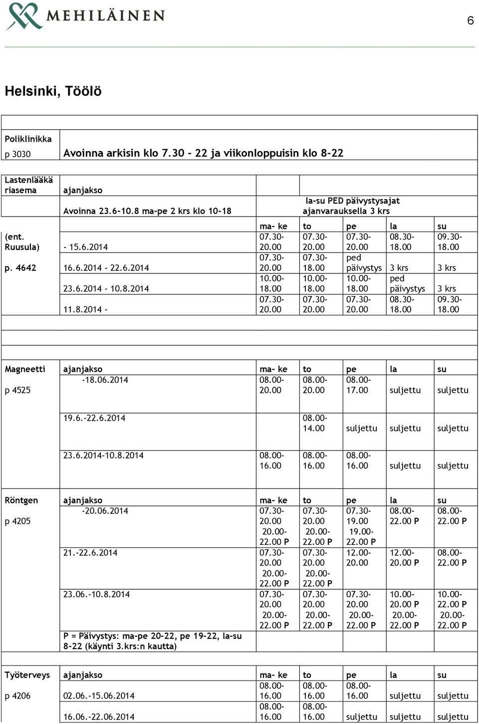 30 ped päivystys 3 krs 3 krs ped päivystys 3 krs 09.30 Magneetti ajanjakso ma ke to pe la s 18.06.2014 p 4525 19.6.22.6.2014 14.00 23.6.201410.8.2014 Röntgen ajanjakso ma ke to pe la s p 4205 20.