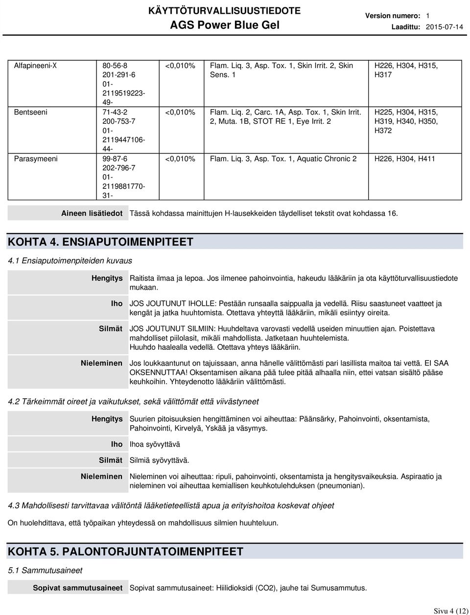 KOHTA 4. ENSIAPUTOIMENPITEET 4.1 Ensiaputoimenpiteiden kuvaus Hengitys Iho Silmät Nieleminen Raitista ilmaa ja lepoa.