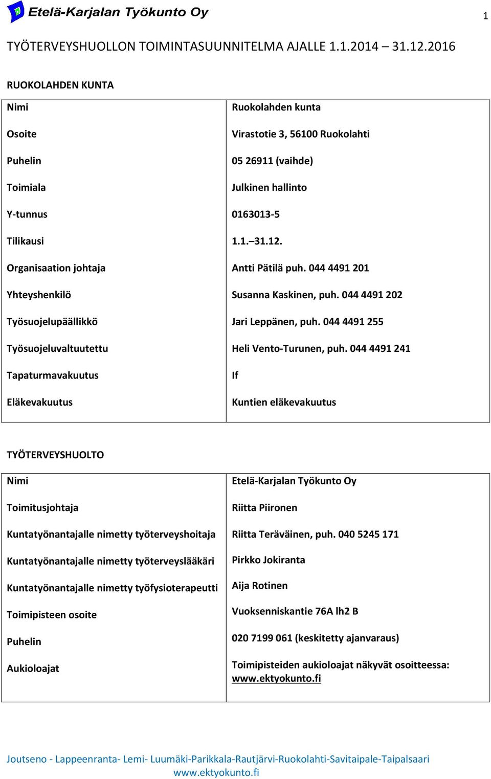 Virastotie 3, 56100 Ruokolahti 05 26911 (vaihde) Julkinen hallinto 0163013-5 1.1. 31.12. Antti Pätilä puh. 044 4491 201 Susanna Kaskinen, puh. 044 4491 202 Jari Leppänen, puh.