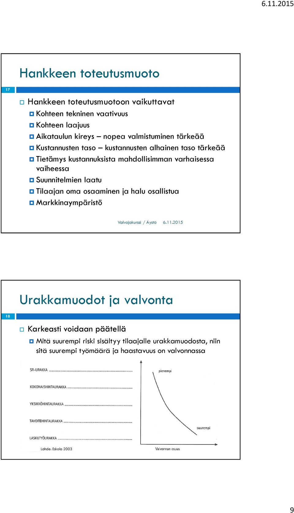 varhaisessa vaiheessa Suunnitelmien laatu Tilaajan oma osaaminen ja halu osallistua Markkinaympäristö 18 Karkeasti voidaan