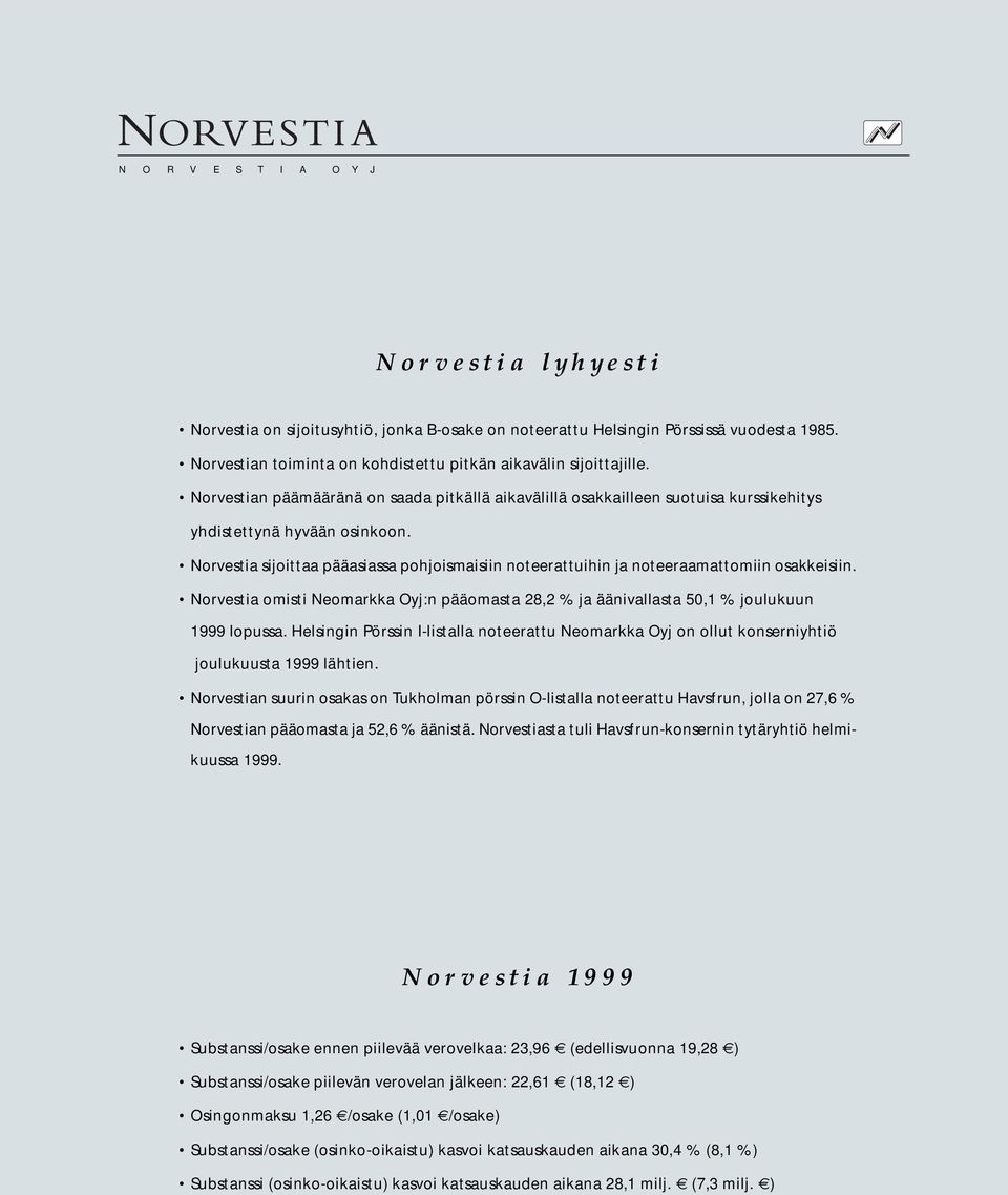 Norvestia sijoittaa pääasiassa pohjoismaisiin noteerattuihin ja noteeraamattomiin osakkeisiin. Norvestia omisti Neomarkka Oyj:n pääomasta 28,2 % ja äänivallasta 50,1 % joulukuun 1999 lopussa.