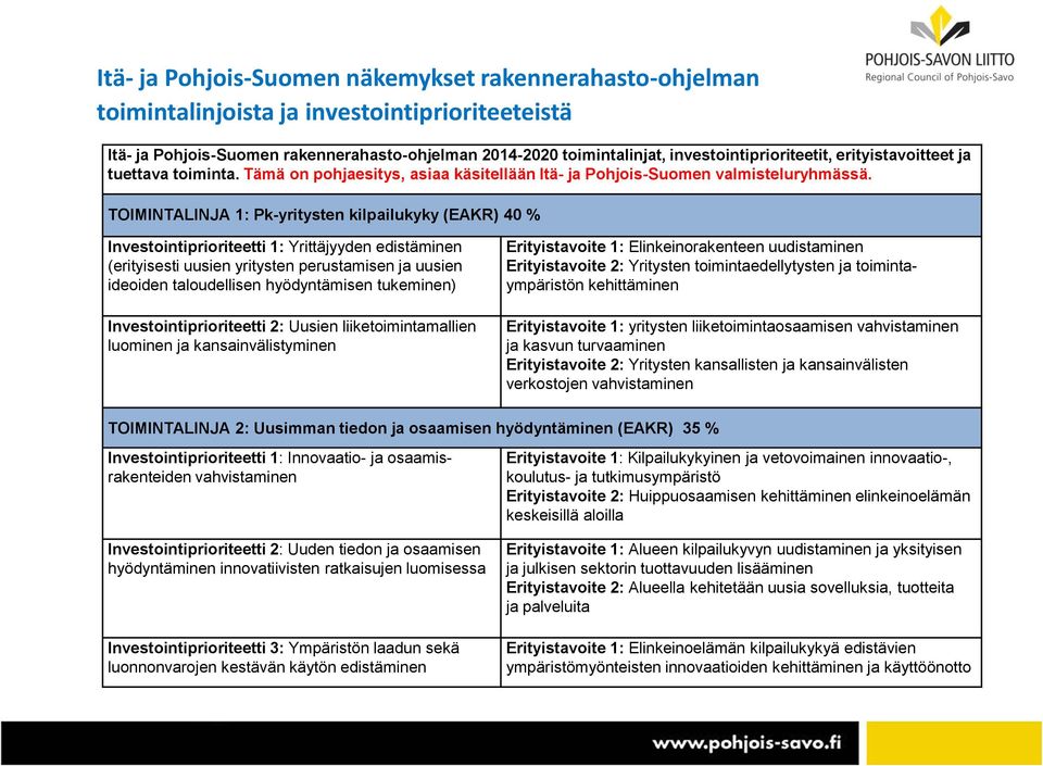 TOIMINTALINJA 1: Pk-yritysten kilpailukyky (EAKR) 40 % Investointiprioriteetti 1: Yrittäjyyden edistäminen (erityisesti uusien yritysten perustamisen ja uusien ideoiden taloudellisen hyödyntämisen