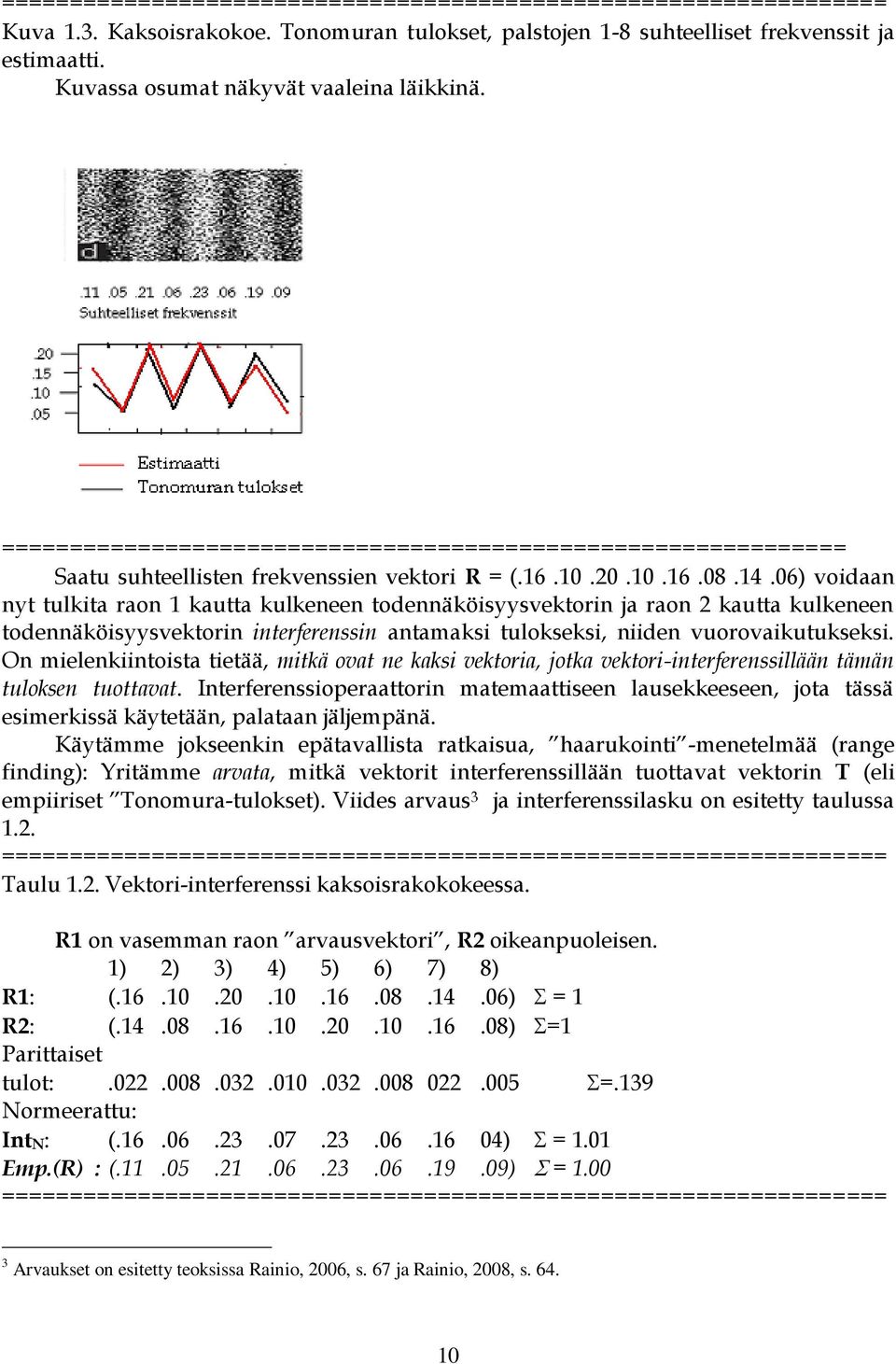 06) voidaan nyt tulkita raon 1 kautta kulkeneen todennäköisyysvektorin ja raon 2 kautta kulkeneen todennäköisyysvektorin interferenssin antamaksi tulokseksi, niiden vuorovaikutukseksi.