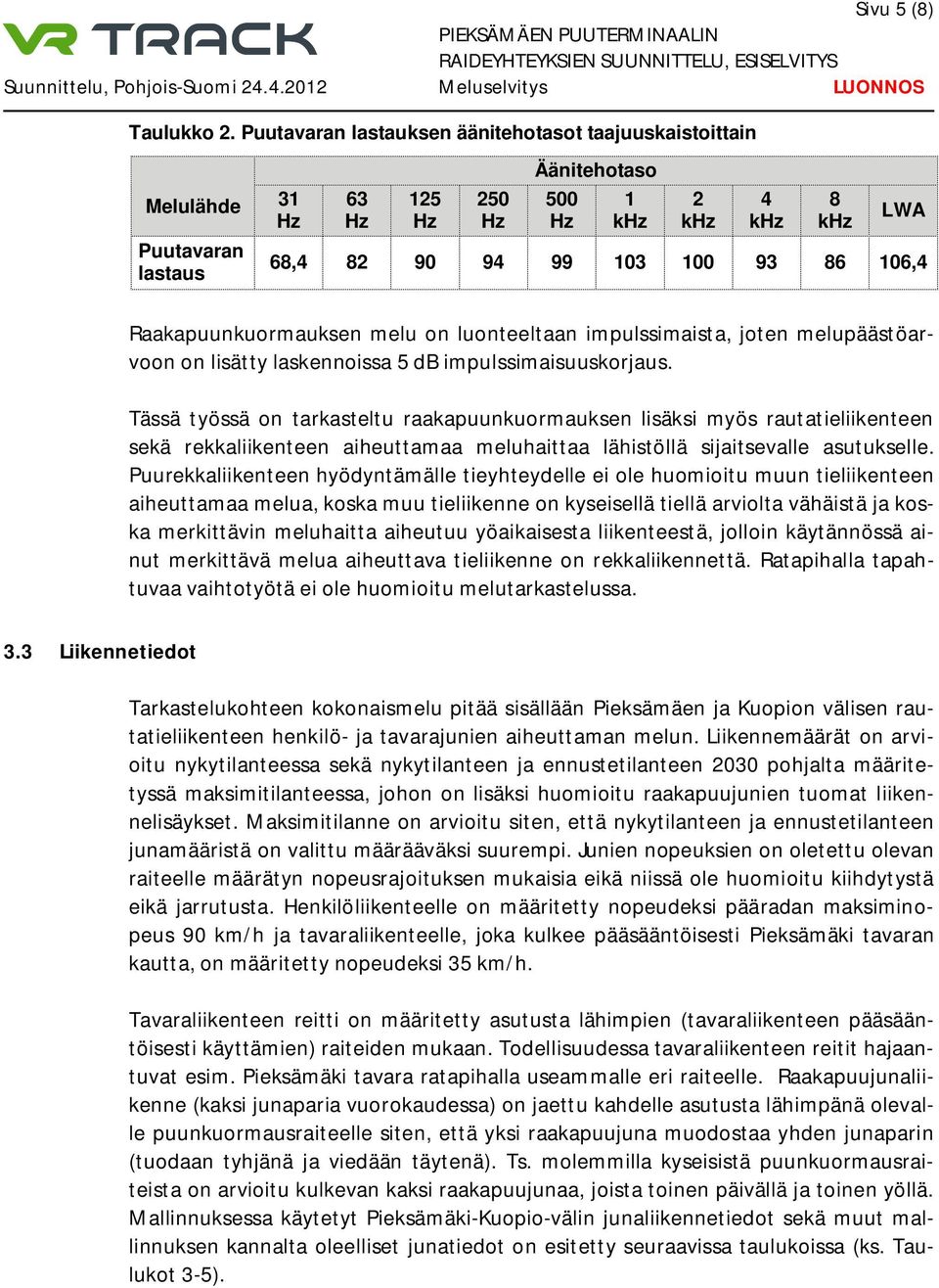 Tässä työssä on tarkasteltu raakapuunkuormauksen lisäksi myös rautatieliikenteen sekä rekkaliikenteen aiheuttamaa meluhaittaa lähistöllä sijaitsevalle asutukselle.