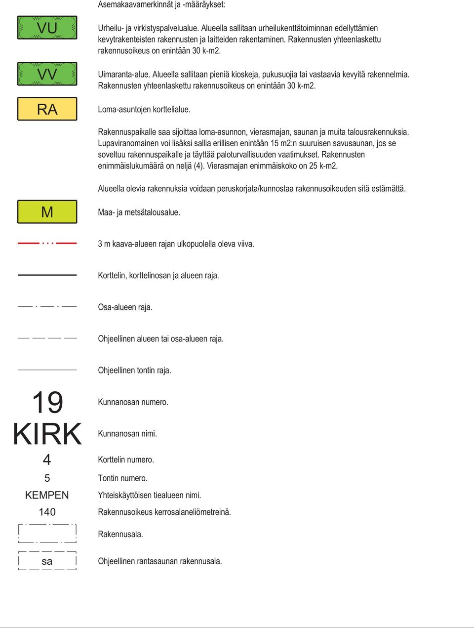 Rakennusten yhteenlaskettu rakennusoikeus on enintään 30 k-m2. Loma-asuntojen korttelialue. Rakennuspaikalle saa sijoittaa loma-asunnon, vierasmajan, saunan ja muita talousrakennuksia.