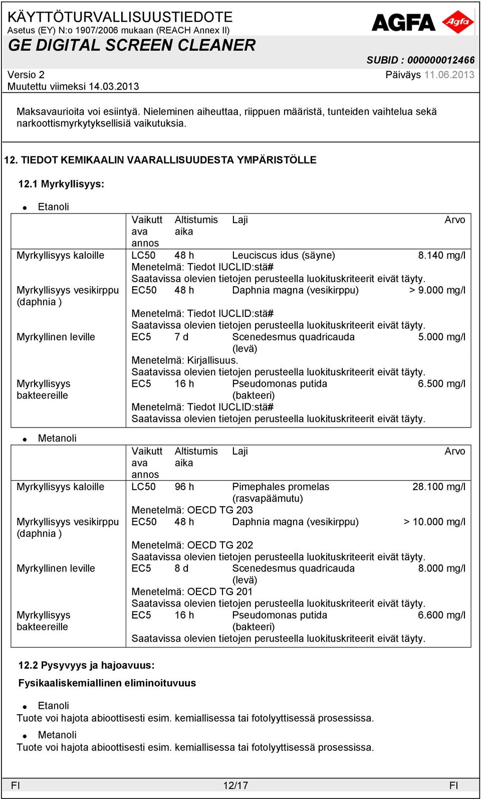140 mg/l Menetelmä: Tiedot IUCLID:stä# Myrkyllisyys vesikirppu (daphnia ) Arvo EC50 48 h Daphnia magna (vesikirppu) > 9.