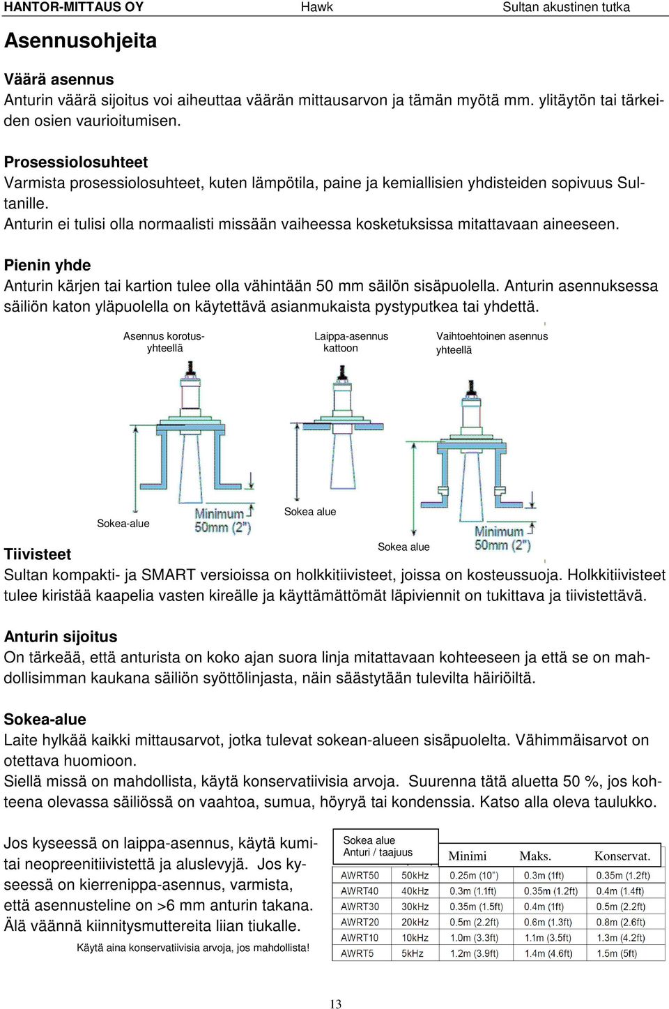 Anturin ei tulisi olla normaalisti missään vaiheessa kosketuksissa mitattavaan aineeseen. Pienin yhde Anturin kärjen tai kartion tulee olla vähintään 50 mm säilön sisäpuolella.