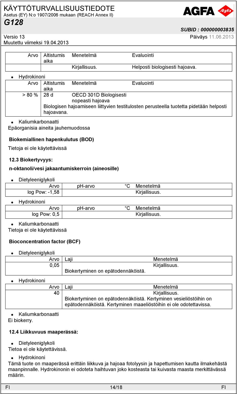 Epäorganisia aineita jauhemuodossa Biokemiallinen hapenkulutus (BOD) 12.3 Biokertyvyys: n-oktanoli/vesi jakaantumiskerroin (aineosille) Arvo ph-arvo C Menetelmä log Pow: -1,58 Kirjallisuus.