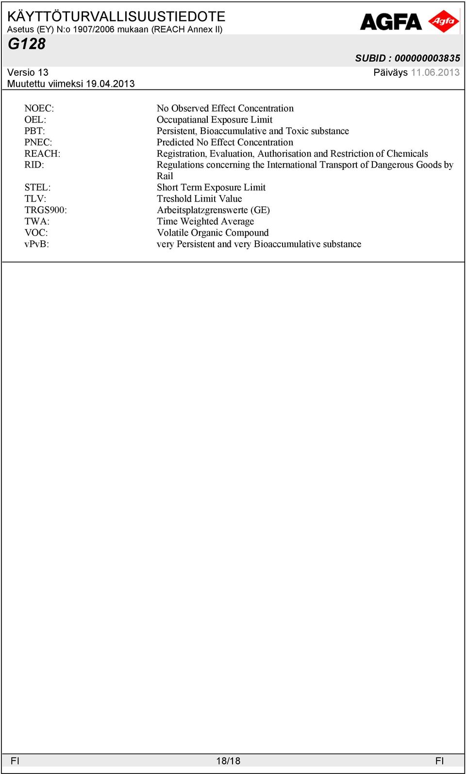 Restriction of Chemicals Regulations concerning the International Transport of Dangerous Goods by Rail Short Term Exposure Limit