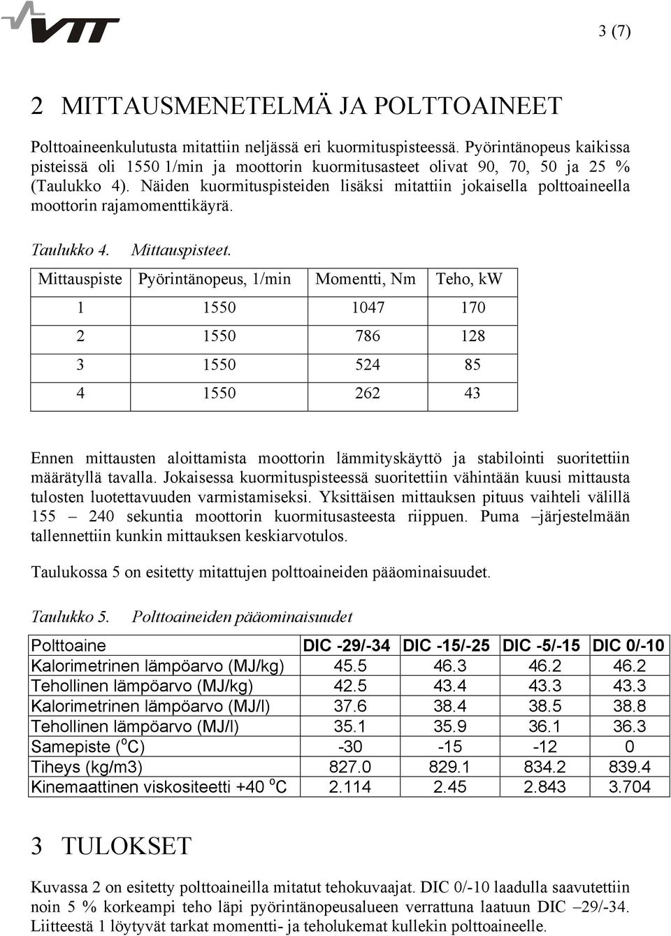 Näiden kuormituspisteiden lisäksi mitattiin jokaisella polttoaineella moottorin rajamomenttikäyrä. Taulukko 4. Mittauspisteet.