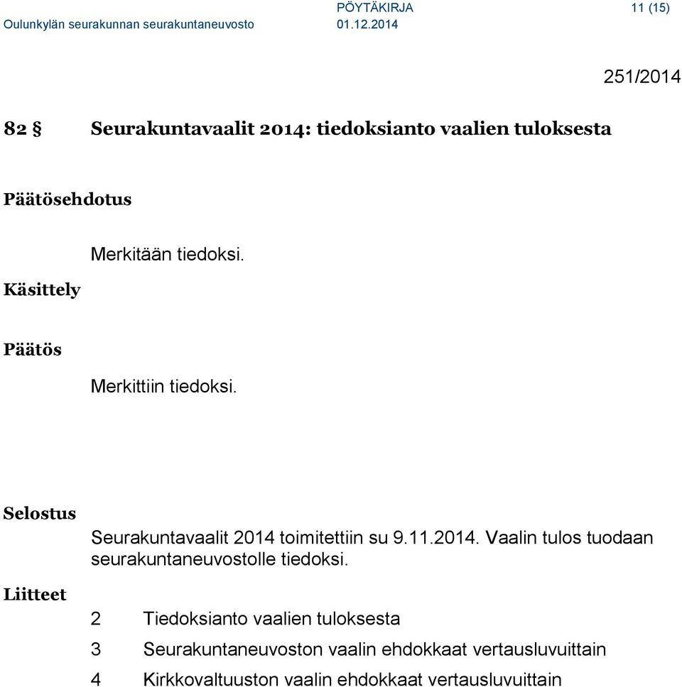 Selostus Liitteet Seurakuntavaalit 2014 toimitettiin su 9.11.2014. Vaalin tulos tuodaan seurakuntaneuvostolle tiedoksi.