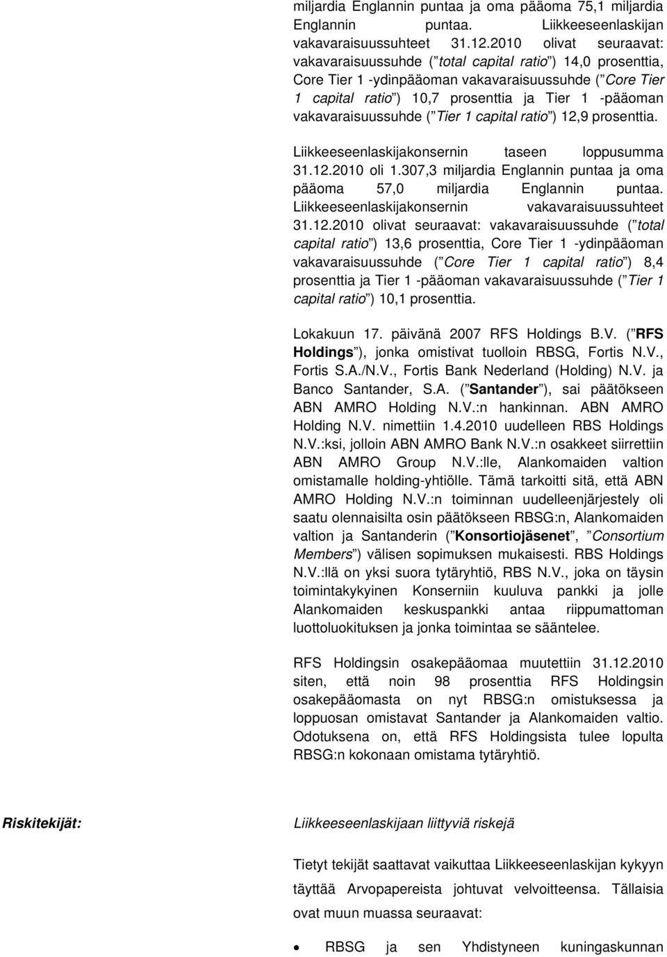 vakavaraisuussuhde ( Tier 1 capital ratio ) 12,9 prosenttia. Liikkeeseenlaskijakonsernin taseen loppusumma 31.12.2010 oli 1.