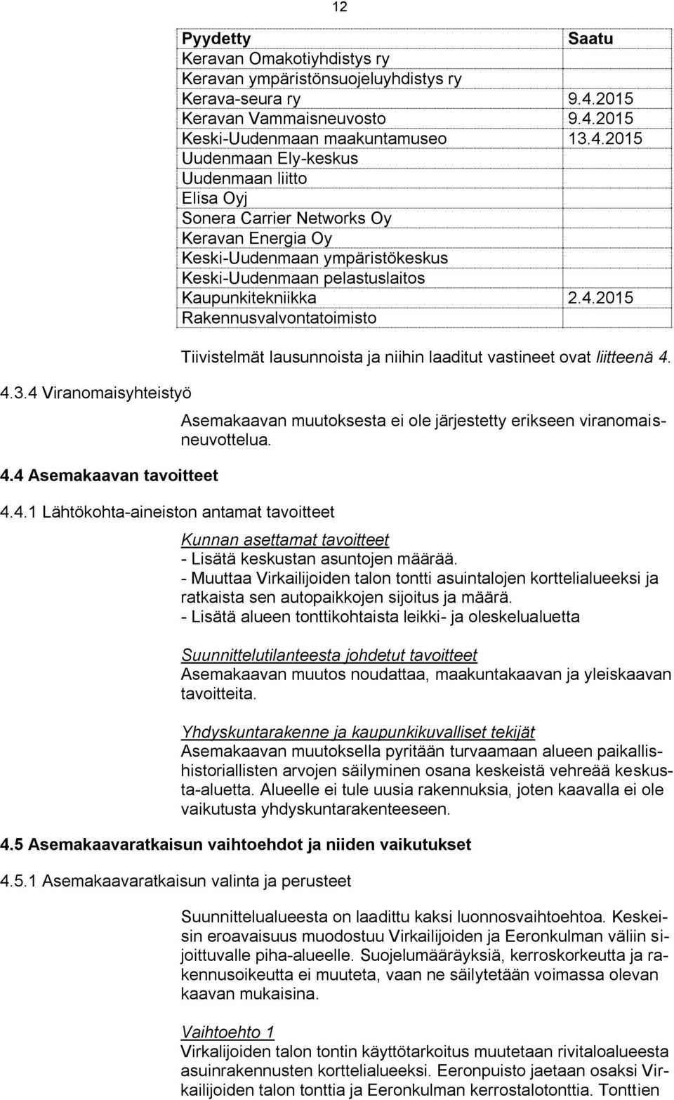 4.2015 Rakennusvalvontatoimisto Tiivistelmät lausunnoista ja niihin laaditut vastineet ovat liitteenä 4. Asemakaavan muutoksesta ei ole järjestetty erikseen viranomaisneuvottelua.