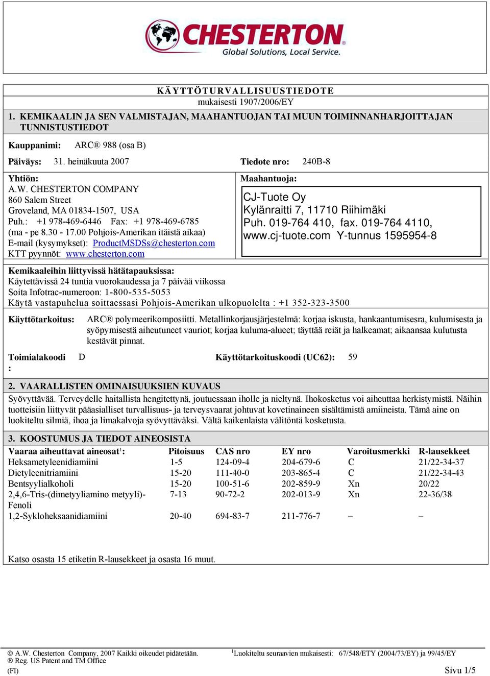 00 Pohjois-Amerikan itäistä aikaa) E-mail (kysymykset): ProductMSDSs@chesterton.