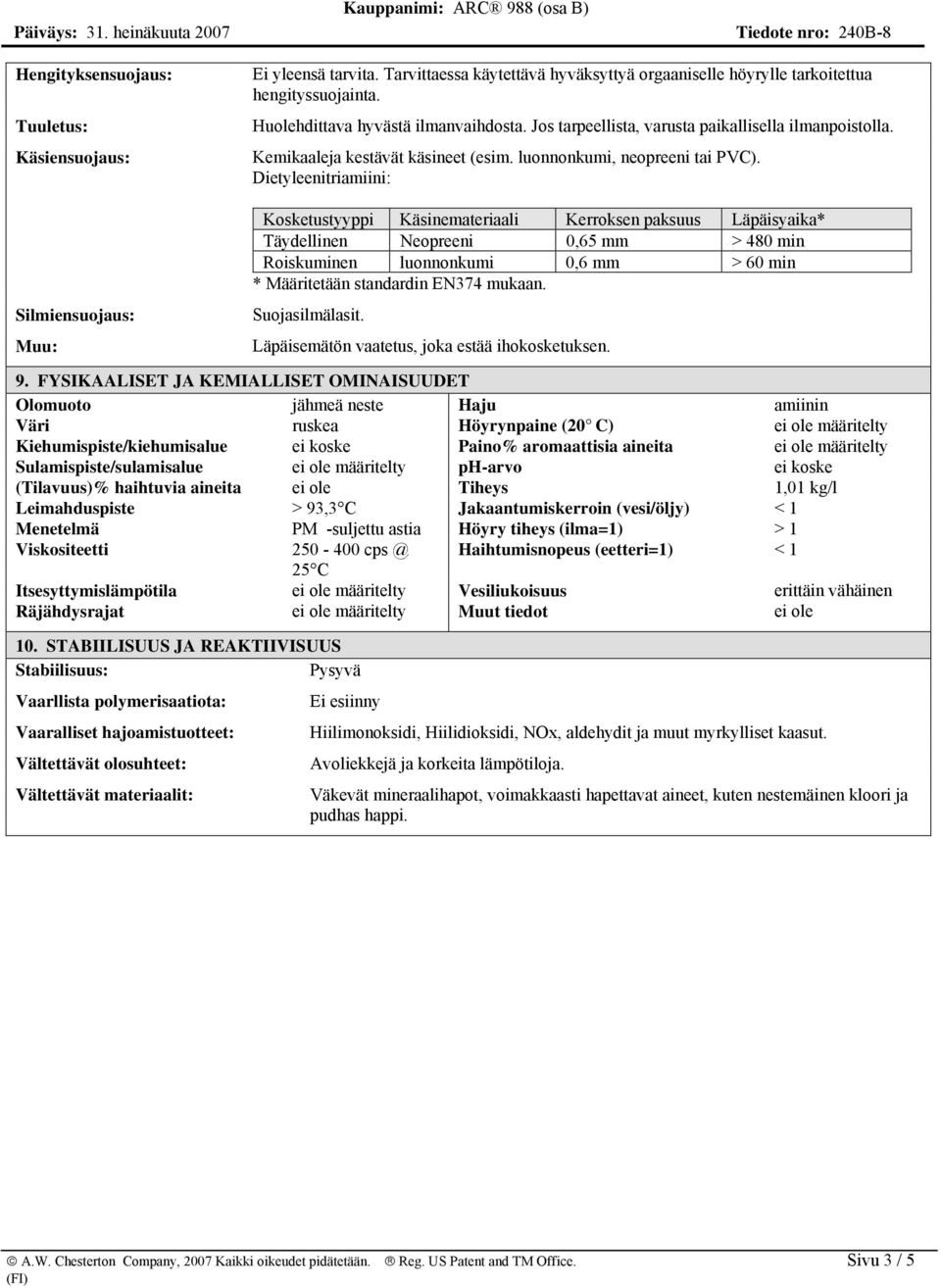 Dietyleenitriamiini: Kosketustyyppi Käsinemateriaali Kerroksen paksuus Läpäisyaika* Täydellinen Neopreeni 0,65 mm > 480 min Roiskuminen luonnonkumi 0,6 mm > 60 min * Määritetään standardin EN374