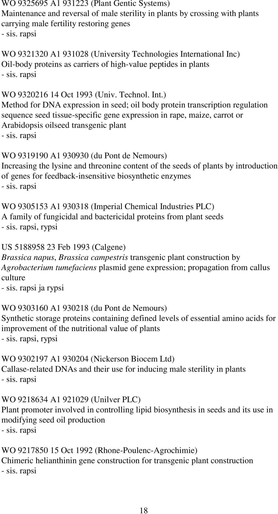 rnational Inc) Oil-body proteins as carriers of high-value peptides in plants WO 9320216 14 Oct 1993 (Univ. Technol. Int.