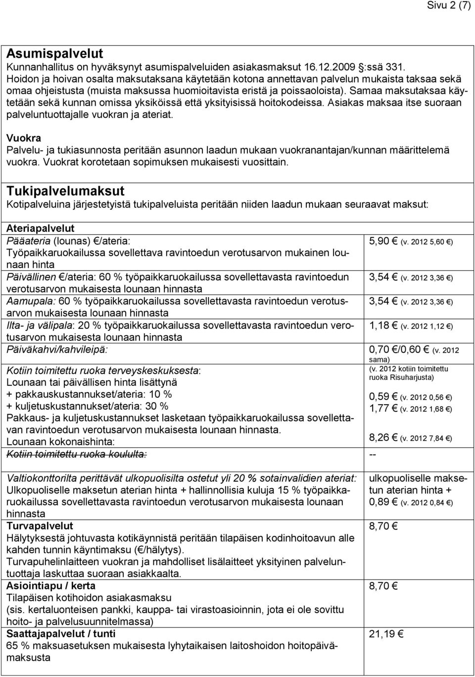 Samaa maksutaksaa käytetään sekä kunnan omissa yksiköissä että yksityisissä hoitokodeissa. Asiakas maksaa itse suoraan palveluntuottajalle vuokran ja ateriat.