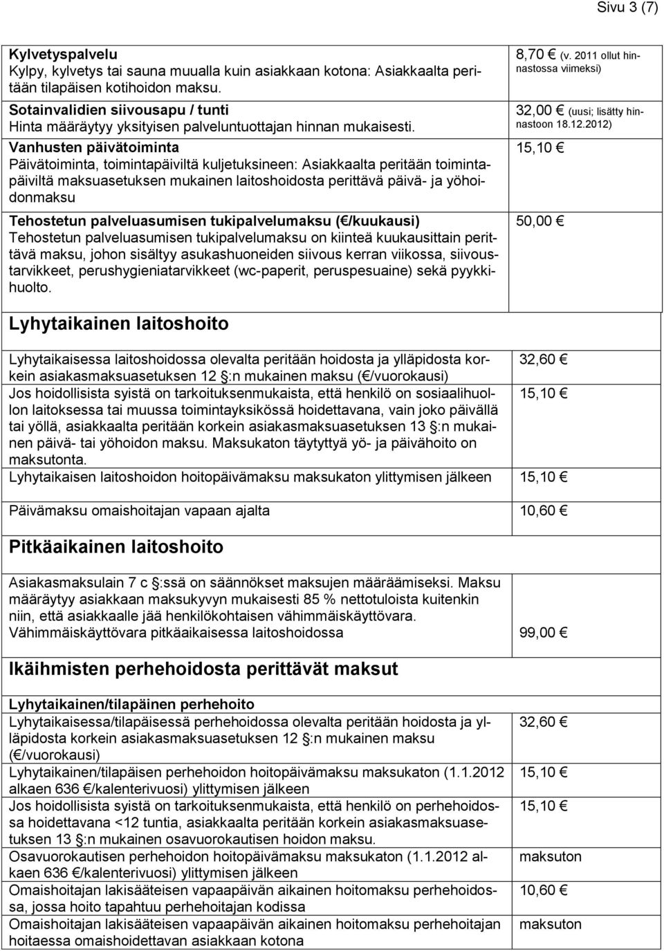 Vanhusten päivätoiminta Päivätoiminta, toimintapäiviltä kuljetuksineen: Asiakkaalta peritään toimintapäiviltä maksuasetuksen mukainen laitoshoidosta perittävä päivä- ja yöhoidonmaksu Tehostetun