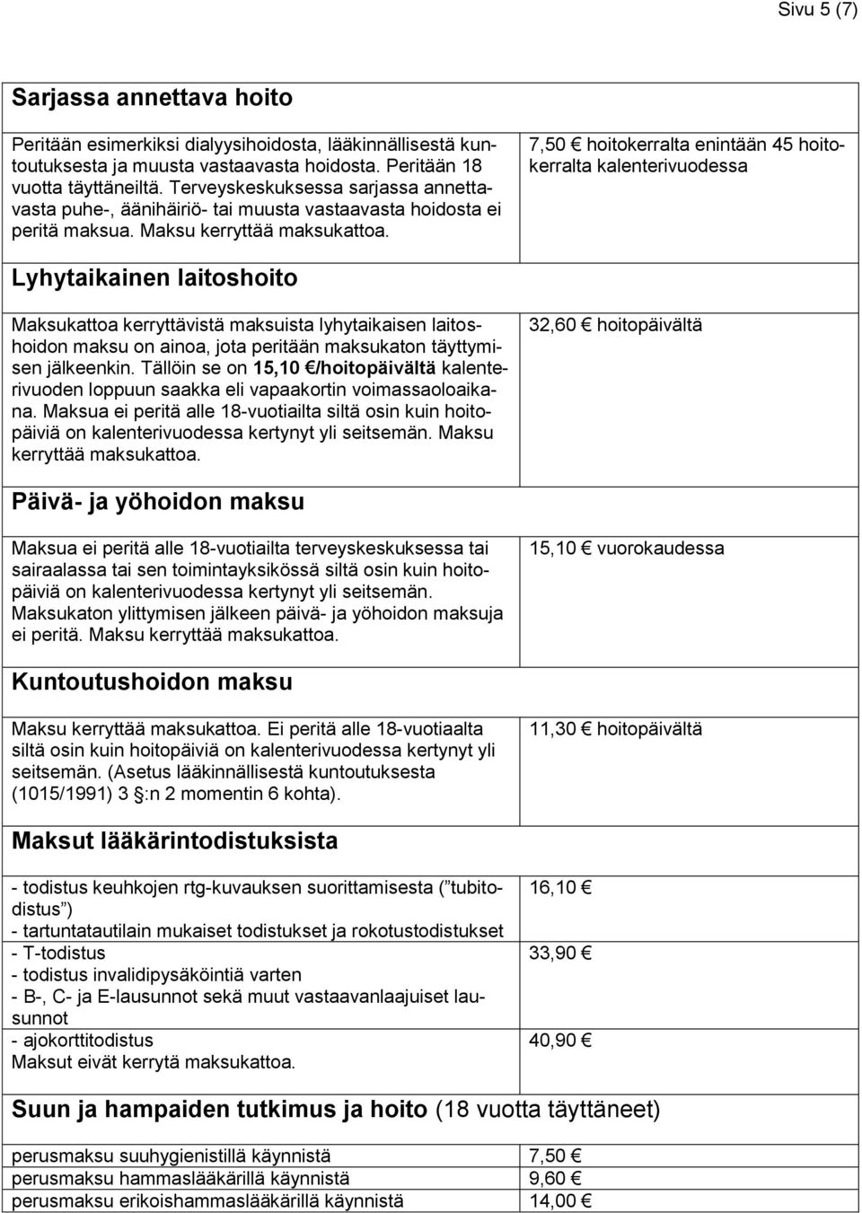 7,50 hoitokerralta enintään 45 hoitokerralta kalenterivuodessa Lyhytaikainen laitoshoito Maksukattoa kerryttävistä maksuista lyhytaikaisen laitoshoidon maksu on ainoa, jota peritään maksukaton