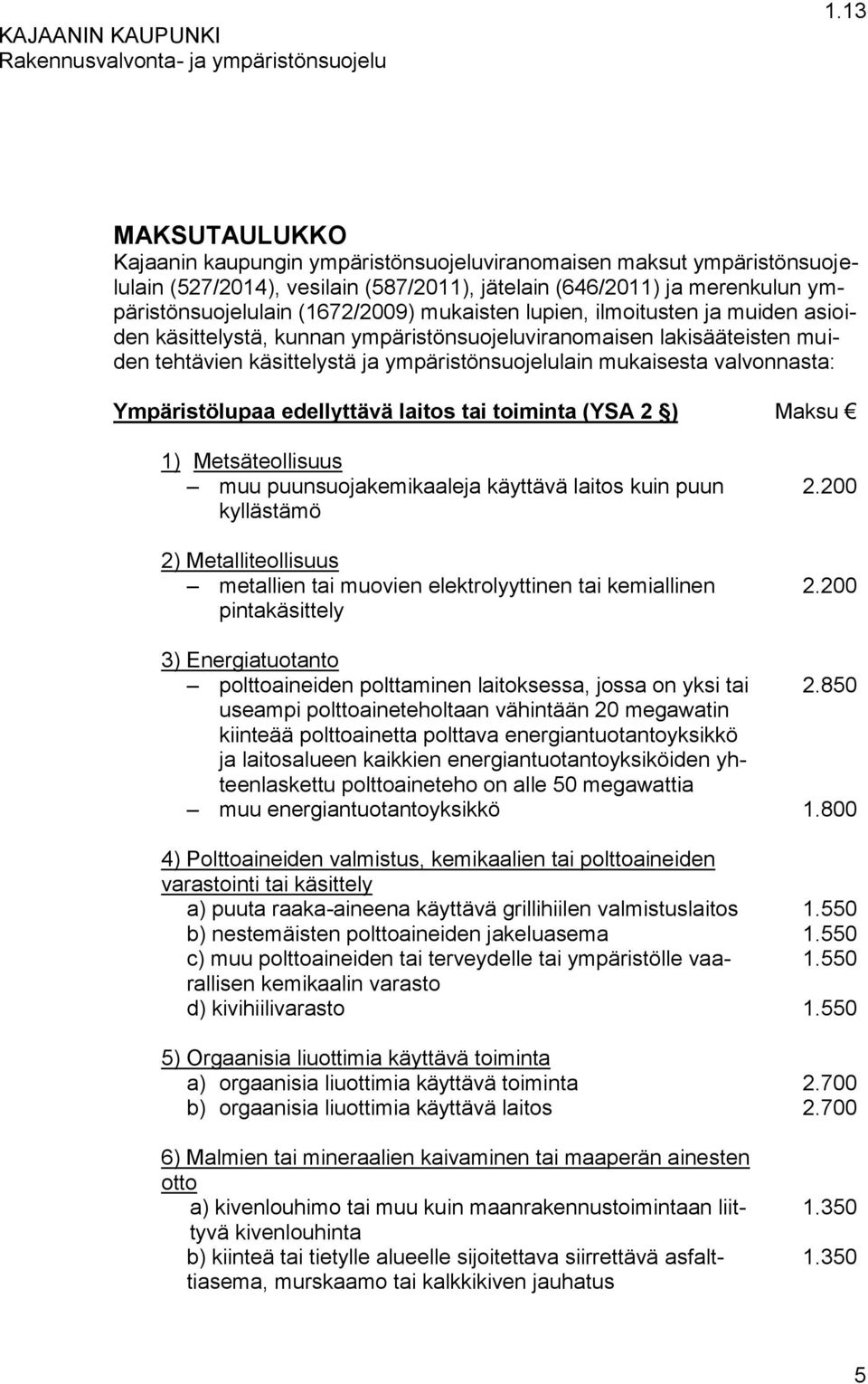 Ympäristölupaa edellyttävä laitos tai toiminta (YSA 2 ) Maksu 1) Metsäteollisuus muu puunsuojakemikaaleja käyttävä laitos kuin puun kyllästämö 2) Metalliteollisuus metallien tai muovien