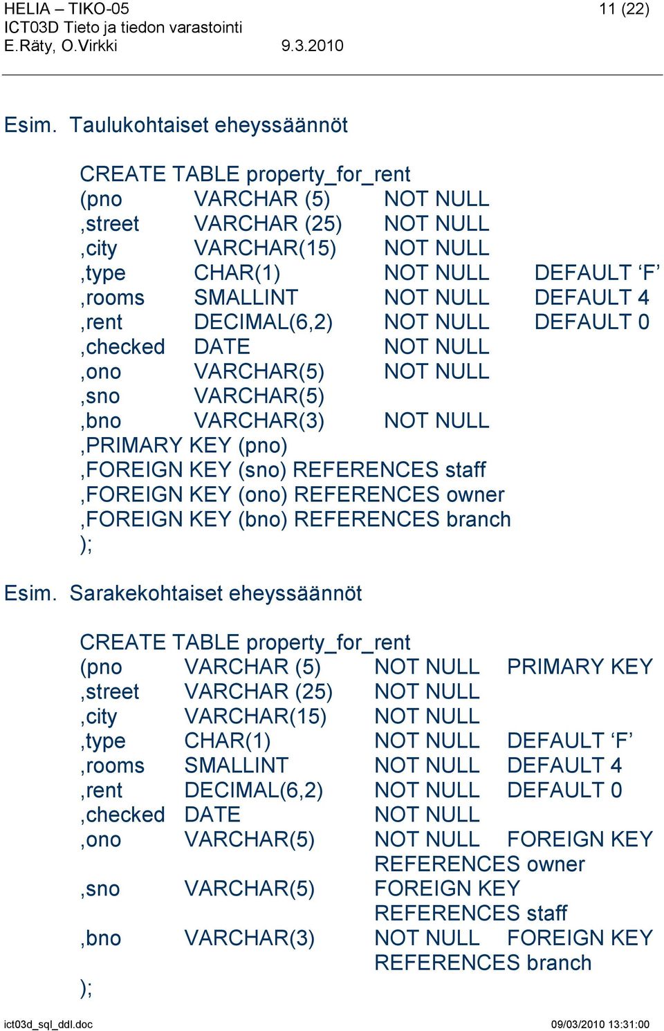 DEFAULT 4,rent DECIMAL(6,2) NOT NULL DEFAULT 0,checked DATE NOT NULL,ono VARCHAR(5) NOT NULL,sno VARCHAR(5),bno VARCHAR(3) NOT NULL,PRIMARY KEY (pno),foreign KEY (sno) REFERENCES staff,foreign KEY