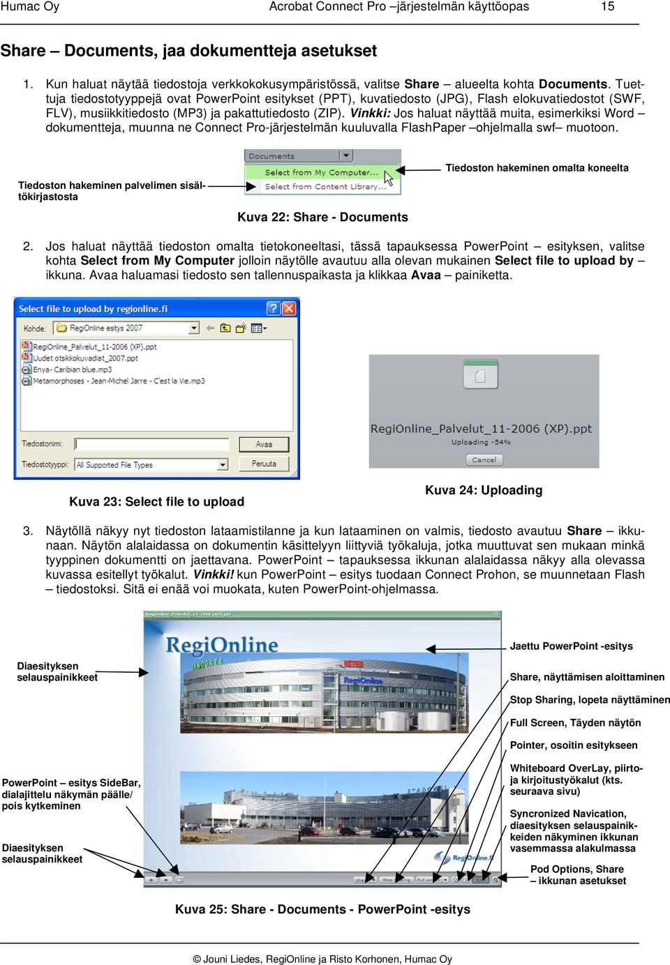 Vinkki: Jos haluat näyttää muita, esimerkiksi Word dokumentteja, muunna ne Connect Pro-järjestelmän kuuluvalla FlashPaper ohjelmalla swf muotoon.