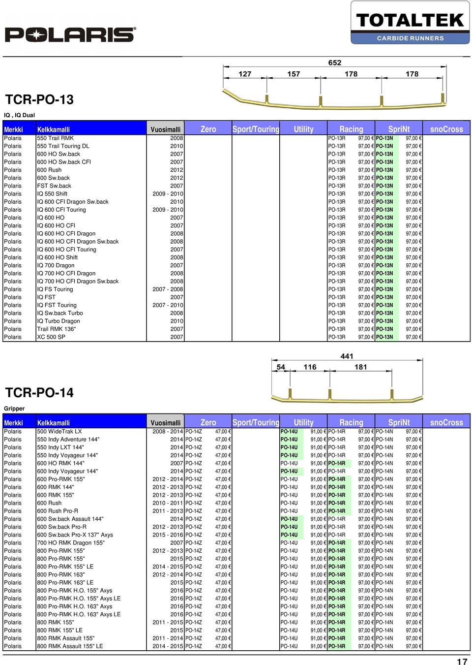 back 2012 PO-13R 97,00 PO-13N 97,00 Polaris FST Sw.back 2007 PO-13R 97,00 PO-13N 97,00 Polaris IQ 550 Shift 2009-2010 PO-13R 97,00 PO-13N 97,00 Polaris IQ 600 CFI Dragon Sw.