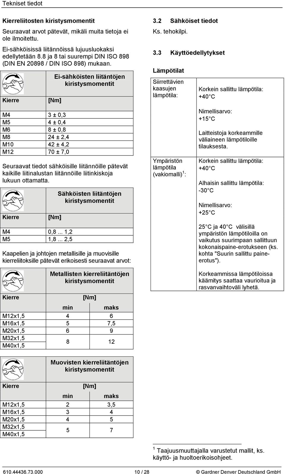 Kierre Ei-sähköisten liitäntöjen kiristysmomentit [Nm] M4 3 ± 0,3 M5 4 ± 0,4 M6 8 ± 0,8 M8 24 ± 2,4 M10 42 ± 4,2 M12 70 ± 7,0 Seuraavat tiedot sähköisille liitännöille pätevät kaikille liitinalustan