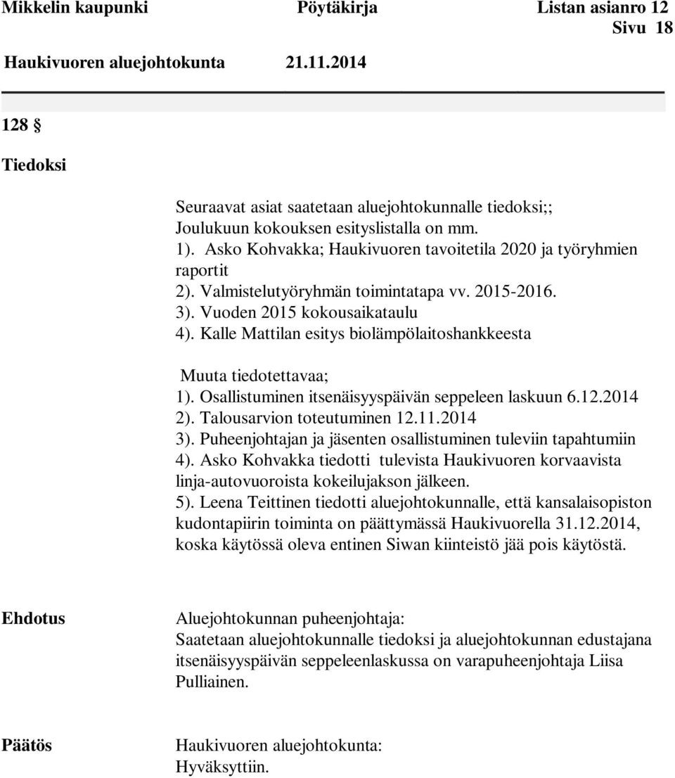 Valmistelutyöryhmän toimintatapa vv. 2015-2016. 3). Vuoden 2015 kokousaikataulu 4). Kalle Mattilan esitys biolämpölaitoshankkeesta Muuta tiedotettavaa; 1).