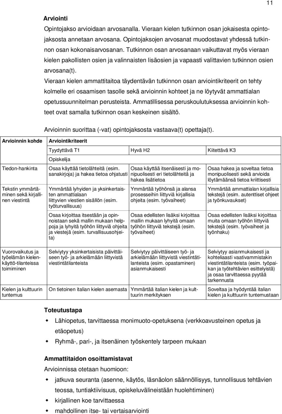 Vieraan kielen ammattitaitoa täydentävän tutkinnon osan arviointikriteerit on tehty kolmelle eri osaamisen tasolle sekä arvioinnin kohteet ja ne löytyvät ammattialan opetussuunnitelman perusteista.