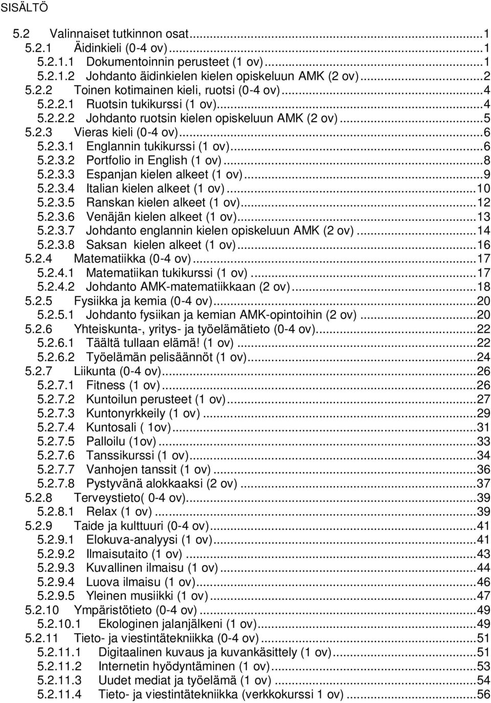 .. 8 5.2.3.3 Espanjan kielen alkeet (1 ov)... 9 5.2.3.4 Italian kielen alkeet (1 ov)... 10 5.2.3.5 Ranskan kielen alkeet (1 ov)... 12 5.2.3.6 Venäjän kielen alkeet (1 ov)... 13 5.2.3.7 Johdanto englannin kielen opiskeluun AMK (2 ov).