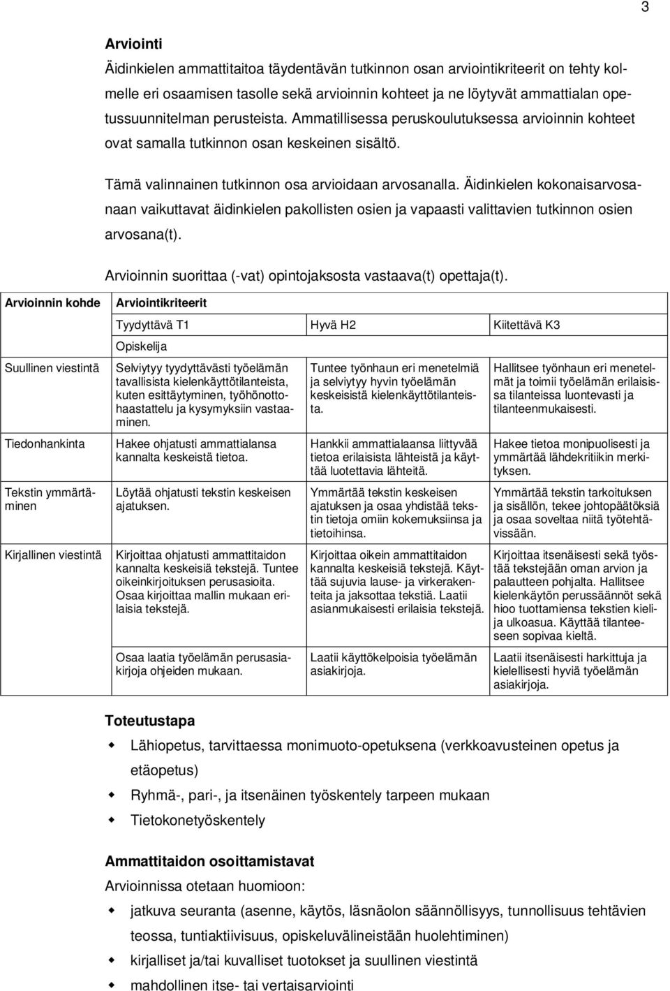 Äidinkielen kokonaisarvosanaan vaikuttavat äidinkielen pakollisten osien ja vapaasti valittavien tutkinnon osien arvosana(t). Arvioinnin suorittaa (-vat) opintojaksosta vastaava(t) opettaja(t).