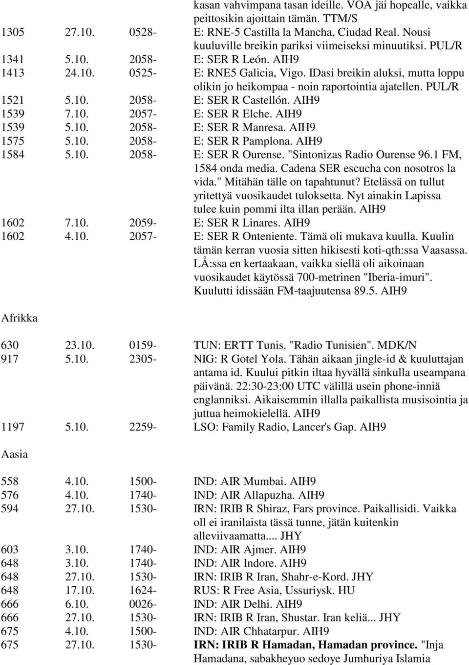 IDasi breikin aluksi, mutta loppu olikin jo heikompaa - noin raportointia ajatellen. PUL/R 1521 5.10. 2058- E: SER R Castellón. AIH9 1539 7.10. 2057- E: SER R Elche. AIH9 1539 5.10. 2058- E: SER R Manresa.